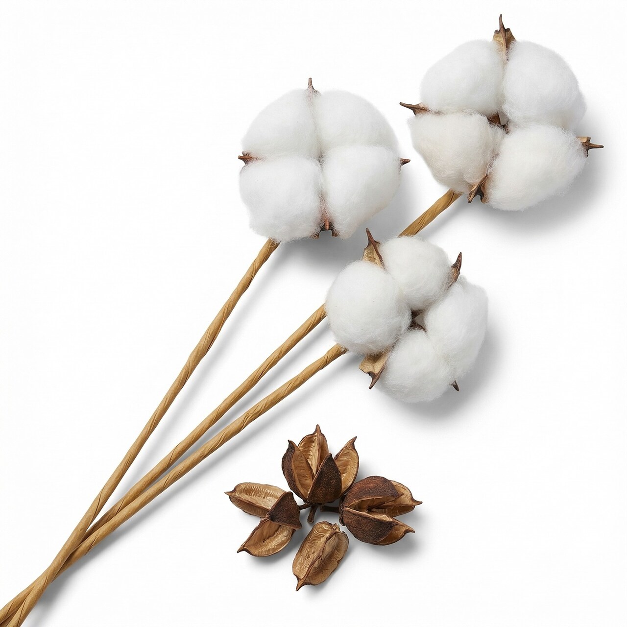Hampton Art Cotton Short Stem - 15.13in Realistic Faux Cotton Branch with Wire-Adjustable Stems and Seed Pods for Rustic Farmhouse Home or Wedding Decor